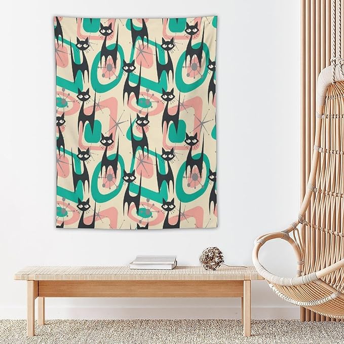 ICMOLYYENLO Boho Medieval Cat Tapestry, Abstract Atomic Starburst Geometric Aesthetic Art Wall Hanging For Bedroom Living Room Dormitory 60x60 Inches