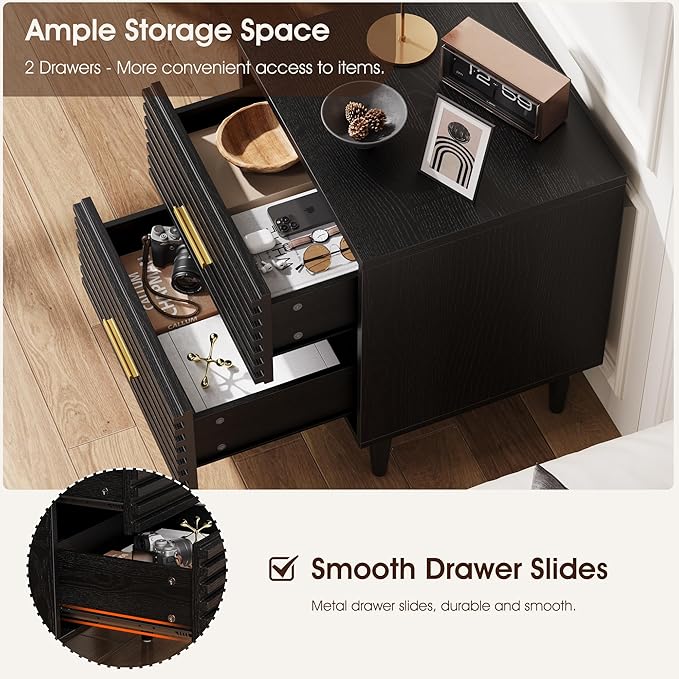 Alohappy Fluted Nightstands Set of 2, Mid Century Bedside Table for Bedroom, End Table with 2 Drawers, Modern Bed Side Table with Storage Vintage Wood Accent Table for Living Room, Black 2pcs