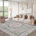 DCX Washable 8x10 Area Rug, Soft Machine Washable Non Slip with Rubber Backing Vintage Rug, Kid & Pet Friendly Living Room Area Rugs 8x10, Foldable Rugs for Bedroom Dining Room Office-Pink & Green