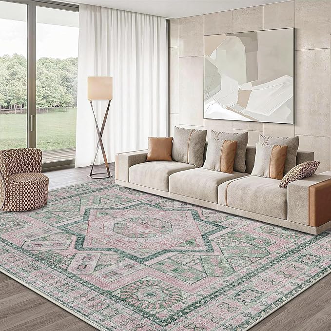 DCX Washable 8x10 Area Rug, Soft Machine Washable Non Slip with Rubber Backing Vintage Rug, Kid & Pet Friendly Living Room Area Rugs 8x10, Foldable Rugs for Bedroom Dining Room Office-Pink & Green
