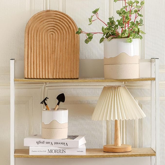 Nihow Self Watering Plant Pot: 4.5 Inch Ceramic Planter with Drainage Hole & Water Storage Plus for Indoor & Outdoor Plants - Cylinder Flower Pot for Herbs/Violets - White & Nature