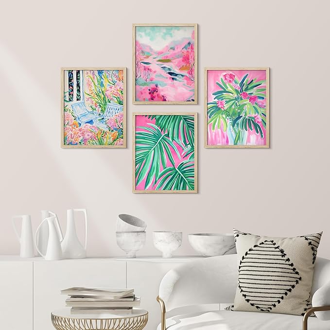 SIGNWIN Framed Tropical and Floral Bright Botanical Preppy Room Decor Pink Decor Digital Art Modern Art Decorative Multicolor Scenic for Bedroom - 12"x16"x4 Natural