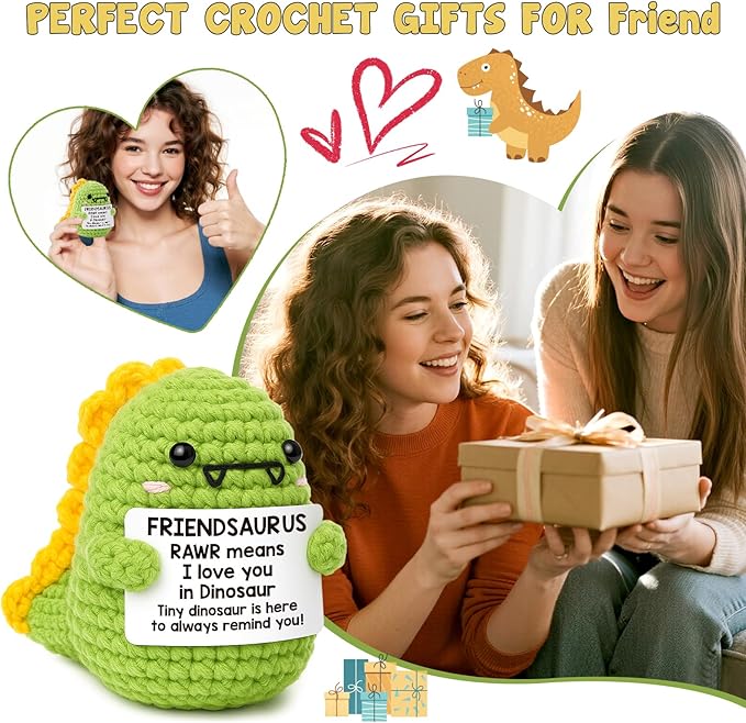 OCCdesign Mini for Women Christmas Birthday I Love You Friendsaurus Handmade Positive Crochet Dinosaur for Friendship Chrismas Inspirational Gift for Bestie Best Friends BFF