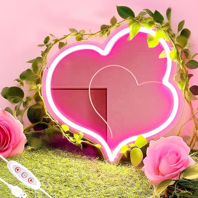 Pink Heart Acrylic Mirror Neon Signs,Dimmable Heart Shaped Mirror with Neon LED Lights,USB Powered Neon Sign Wall Decor Art Neon Light For bedroom,Family,Wedding,Bar,Party Decor