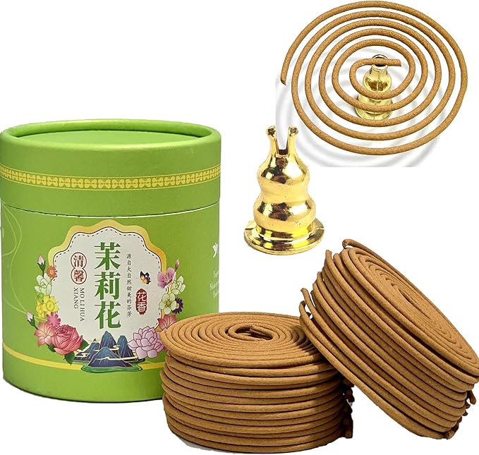 Jasmine Coils Incense (48 PCS) Spiral Incense Coil Incense Holder Burner, Natural Chinese Incenses Coils Spiral Design for Long-Lasting Fragrance