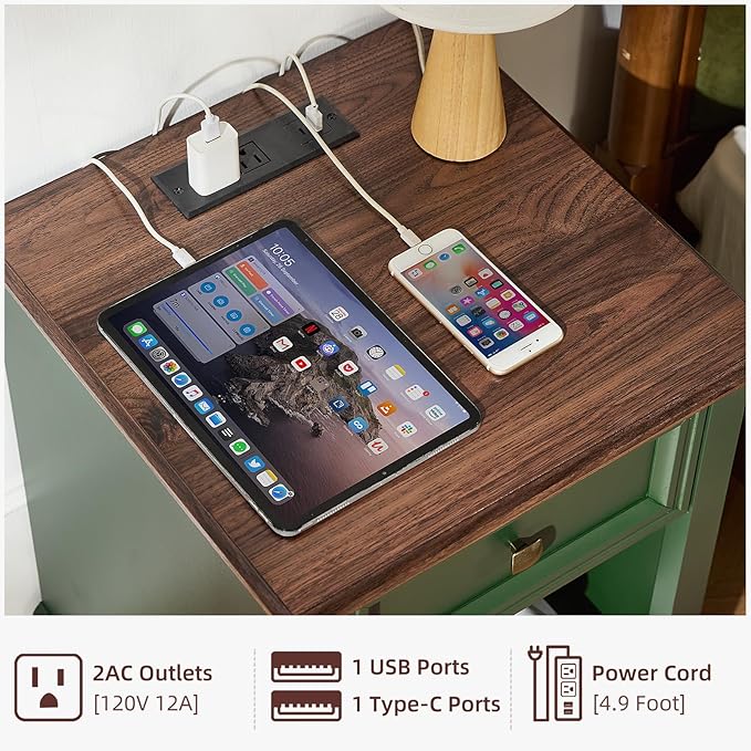 Farmhouse Side Table with Charging Station, Rustic Wood End Table with Drawer, Small Nightstand with Open Shelf for Bedroom, End Tables for Living Room, Green