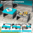 Tangkula 2 Pieces Patio PE Rattan Ottomans, Multipurpose Outdoor Footstool Footrest Additional Seating Side Table with Soft Zippered Cushions for Deck, Garden, and Yard (Turquoise)