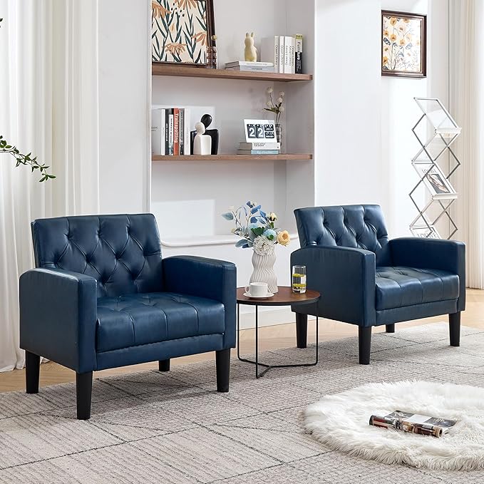 TYBOATLE Accent Chairs Set of 2 Comfy Living Room Chair Leather Tufted Mid Century Modern Accent Chair, Small Cozy Reading Arm Chair for Office, Bedroom (2, Blue)