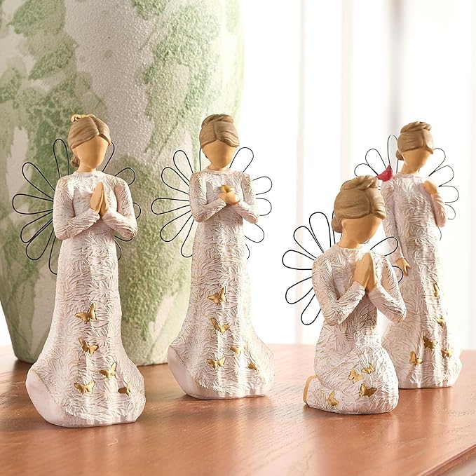 4 Piece Set Sympathy Angel Figurines for Loss of Loved Ones Angel Statues Home Decor Serenity Prayer Grieving Remembrance Bereavement Gifts for Women Resin Sculpted Hand-Painted Figure Prayer Hands