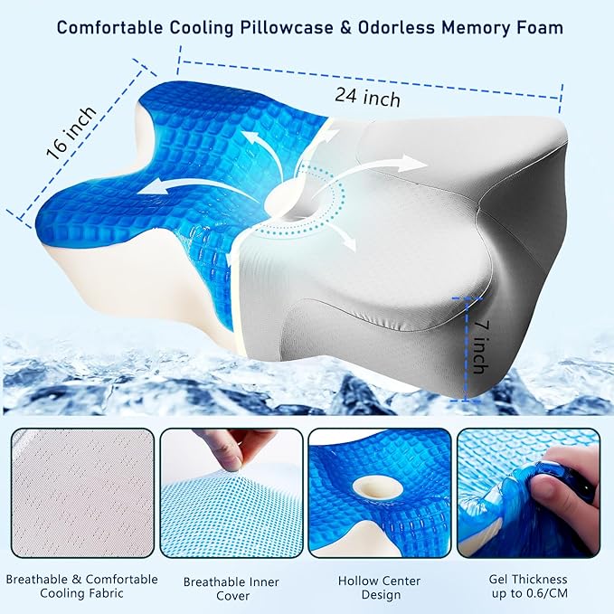 Cooling Gel Pillow,Cooling Cervical Neck Pillow,Gel Memory Foam Pillow,Odorless Ergonomic Contour Pillows,Orthopedic Bed Pillow for Side Back Stomach Sleeper - Grey