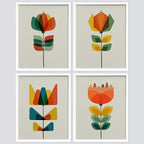 SIGNWIN Framed Mid-Century Modern Retro Botanical Flower Garden Wall Art, Set of 4 Abstract Geometric Wall Decor Prints, Nature Wilderness Wall Décor for Living Room, Bedroom - 12"x16" White