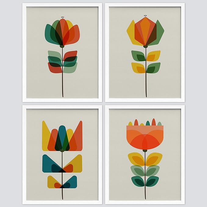 SIGNWIN Framed Mid-Century Modern Retro Botanical Flower Garden Wall Art, Set of 4 Abstract Geometric Wall Decor Prints, Nature Wilderness Wall Décor for Living Room, Bedroom - 11"x14" White