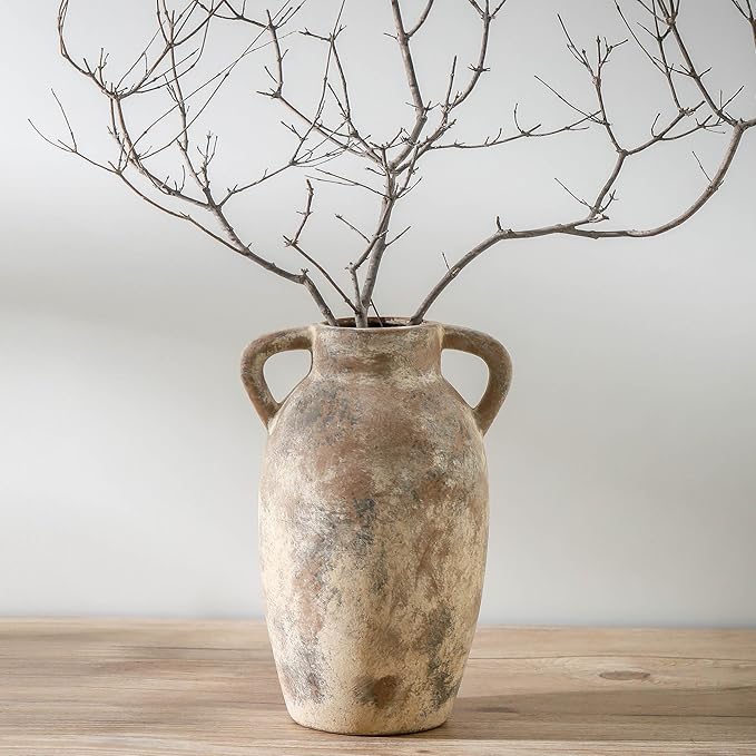 Ceramic Rustic Vase, 9.6 Inch Terracotta Rustic Vase with 2 Handles, Decorative Pottery Flower Vase for Home Decor, Living Room, Shelf Decor, Wedding, Table Decoration