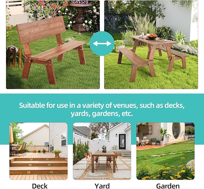 AVAWING Outdoor Convertible Wood Bench with Backrest, Patio Wood Convert a Bench, Space-Saving 2-in-1 Picnic Table Chairs Set for Backyard, Porch, Patio, Garden, Brown