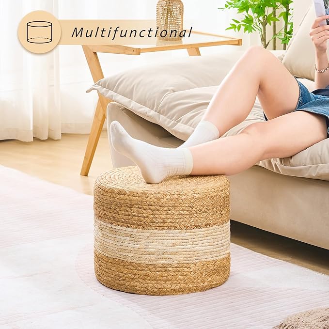 Handwoven Water Hyacinth Ottoman Pouf, Round Outdoor Footstool with Sturdy Frame, No Assembly Needed, Boho Accent Stool for Indoor & Outdoor Use – Patio, Balcony, Living Room (White)