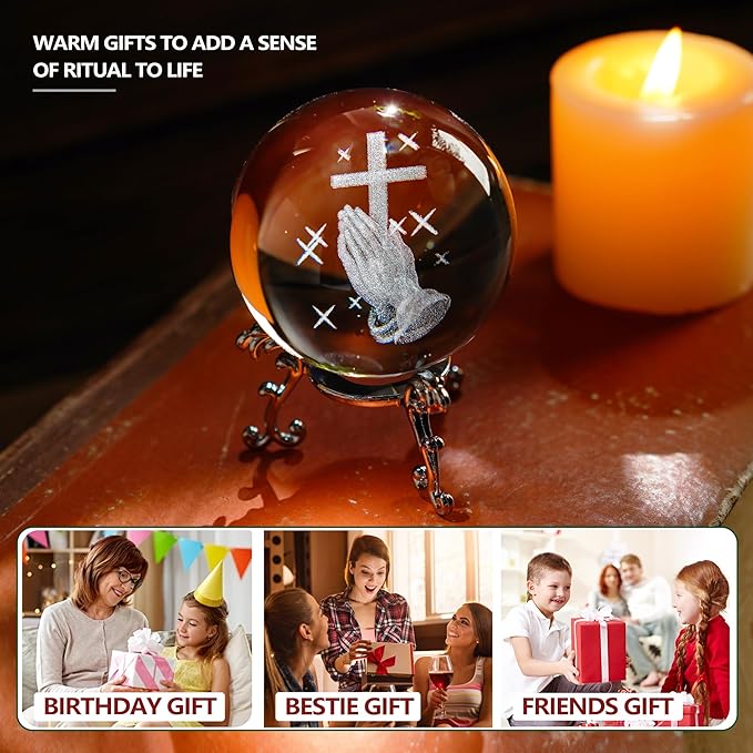 60mm 3D Laser Engraved Hand Holding A Cross Crystal Ball Figurine with Stand Christian Collectible Decoration for Home Office Praying Religious Gifts for Women