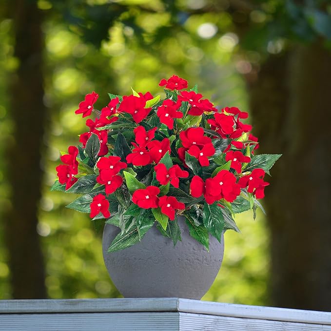 Artificial Impatiens Bouquet Flowers for Outdoors Silk Faux Flowers for Outdoor Impatiens Plants Decor Indoor Planters Kitchen Planters and Balcony Decorations 2PCS (Red)