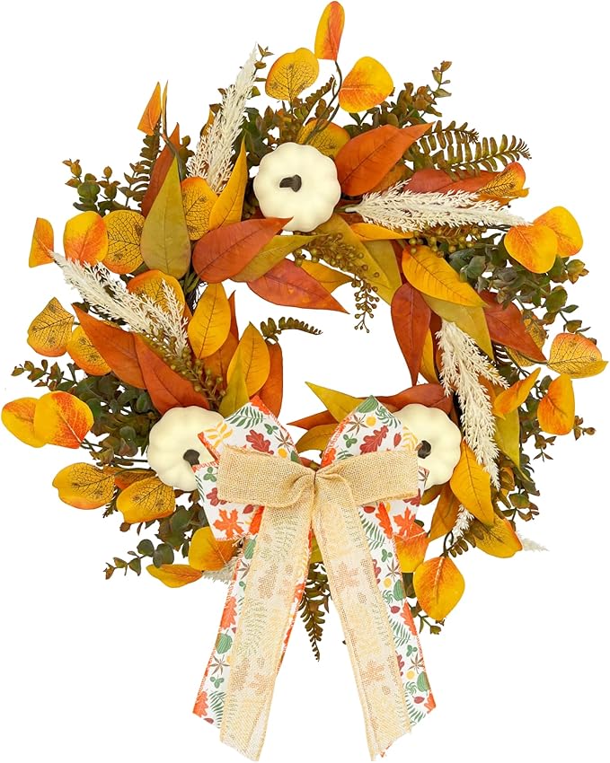 CYANBLOOM Fall Wreaths for Front Door: Rustic 20-22 Inch Bow Wreath with Golden Eucalyptus, White Pumpkins & Wheat - Lovely Warm Vibes Outdoor Indoor Farmhouse Decor for Halloween Thanksgiving Autumn
