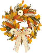 CYANBLOOM Fall Wreaths for Front Door: Rustic 20-22 Inch Bow Wreath with Golden Eucalyptus, White Pumpkins & Wheat - Lovely Warm Vibes Outdoor Indoor Farmhouse Decor for Halloween Thanksgiving Autumn