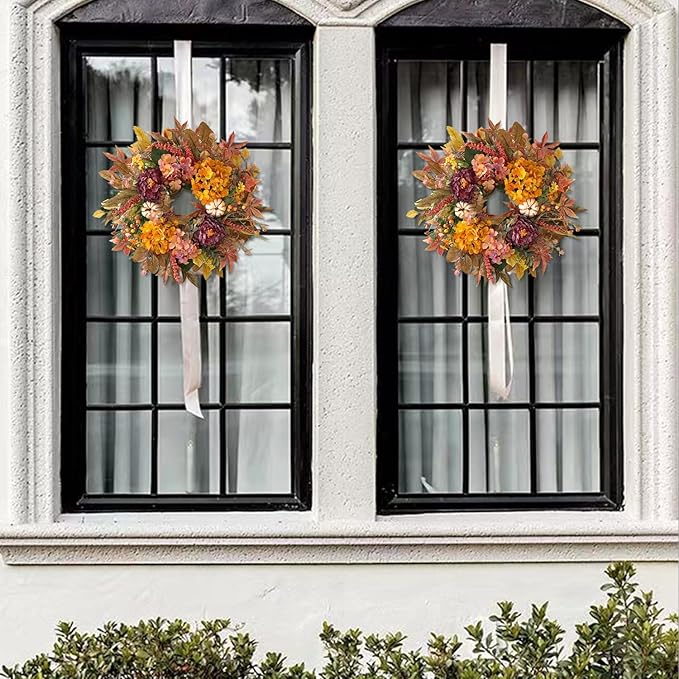 WANNA-CUL 24 Inch Fall Wreaths for Front Door with Hydrangea,Peony and White Pumpkins-Fall Decorations for Home, Fall Door Wreath Decor for Autumn,Harvest, Halloween or Thanksgiving
