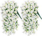 Artificial Faux Hanging Flowers Plants for Outdoor Decor,2 PCS Fake Silk Morning Glory with Eucalyptus UV Resistant Realistic Trailing Vines for Wall Home Porch Patio Balcony Yard Indoor Decor,White