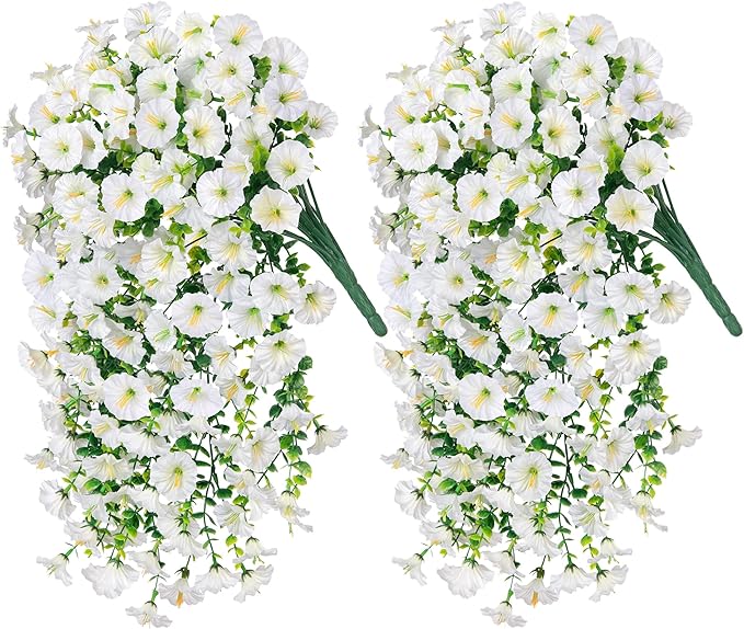 Artificial Faux Hanging Flowers Plants for Outdoor Decor,2 PCS Fake Silk Morning Glory with Eucalyptus UV Resistant Realistic Trailing Vines for Wall Home Porch Patio Balcony Yard Indoor Decor,White