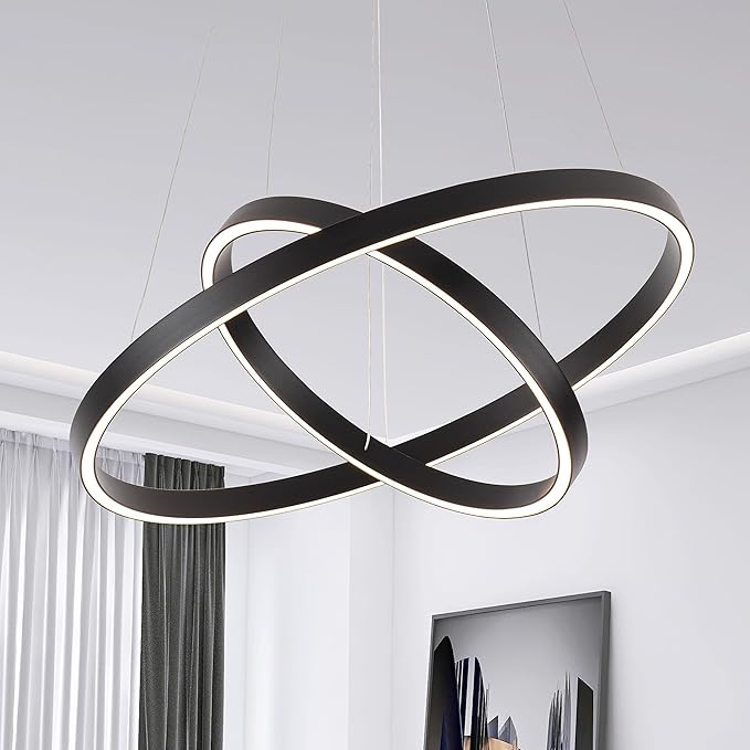 Modern Led Chandelier, 2 Rings Contemporary Chandelier Circular Pendant Light, Black Dimmable Hanging Ceiling Light Fixture for Living Dining Room