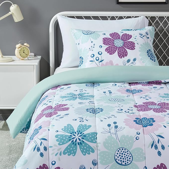 Amazon Basics 2-Piece Soft, All-Season Microfiber Kids' Comforter and Pillow Sham Set, Twin, Purple Flowers, Bluish Pink, Floral