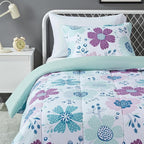 Amazon Basics 2-Piece Soft, All-Season Microfiber Kids' Comforter and Pillow Sham Set, Twin, Purple Flowers, Bluish Pink, Floral