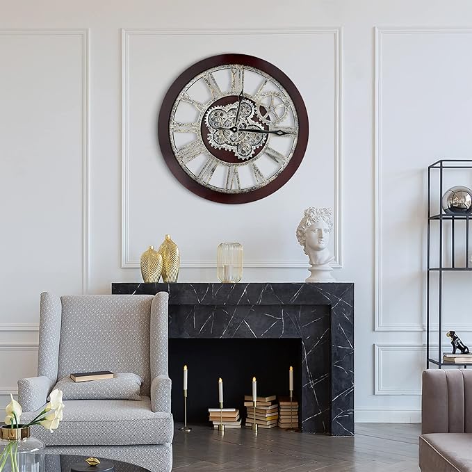 HOIBAI Wall Clock, Clocks for Living Room Decor 20 Inch Big Moving Gears Clock Farmhouse Vintage Rustic Wall Clock Vintage Roman Oversized for Home Bedroom House Kitchen Wall Decor