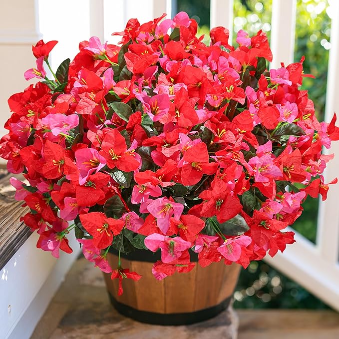 Artificial Flowers for Outdoors, 4 Bundles Fake Bougainvillea Flower UV Resistant Silk Flowers for Outside, Outdoor Faux Plants for Planter Patio Porch Window Garden Home Decoration (RedHotpink)
