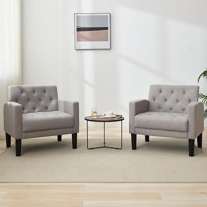 TYBOATLE Accent Chairs Set of 2 Comfy Living Room Chair Tufted Mid Century Modern Accent Chair, Cozy Upholstered Reading Arm Chair for Office, Bedroom (Light Grey, Set of 2)