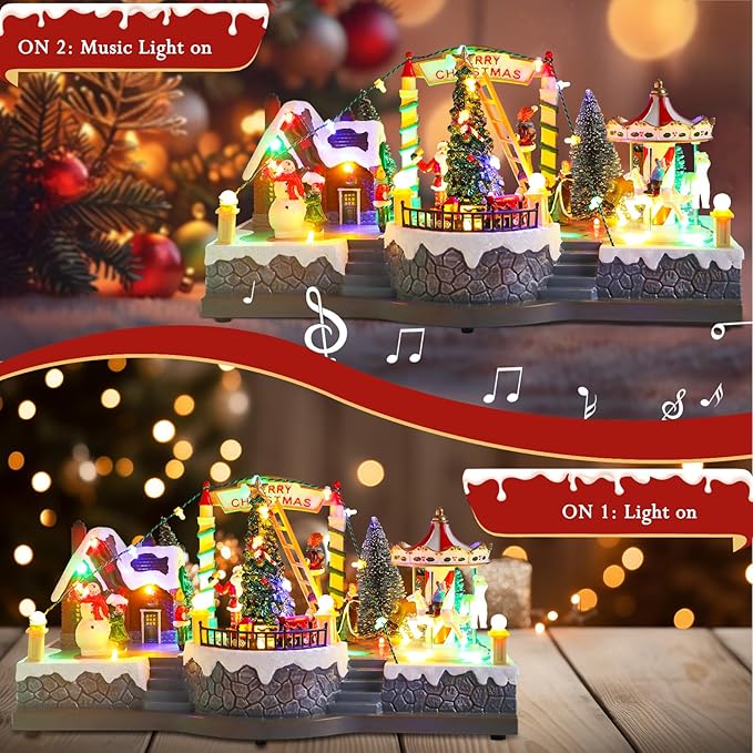 Christmas Village House Musical Christmas Collectible Buildings Rotation Train Carousel Tree in Park with LED Lights Vacation Village with USB Indoor Figurines Indoor Tabletop Decoration