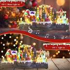 Christmas Village House Musical Christmas Collectible Buildings Rotation Train Carousel Tree in Park with LED Lights Vacation Village with USB Indoor Figurines Indoor Tabletop Decoration