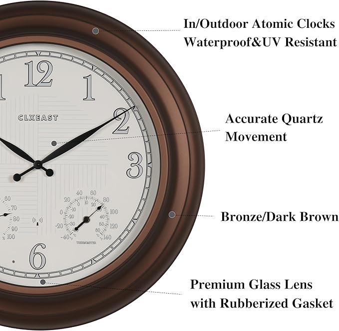 CLXEAST 24 Inch Illuminated in/Outdoor Lighted Atomic Analog Wall Clock with Thermometer & Hygrometer, Oversized Large Waterproof Wall Clocks for Living Room Decor,Bronze Finish