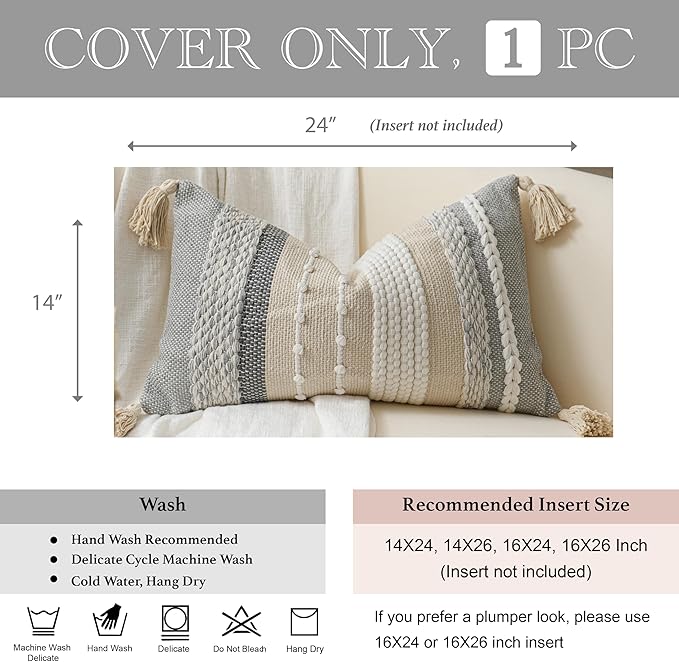 BlissBlush Decorative Lumbar Throw Pillow Cover 14x24 Boho Gray Accent Cushion for Couch Sofa Farmhouse Pillowcase for Bedroom Living Room Home Décor Cover ONLY