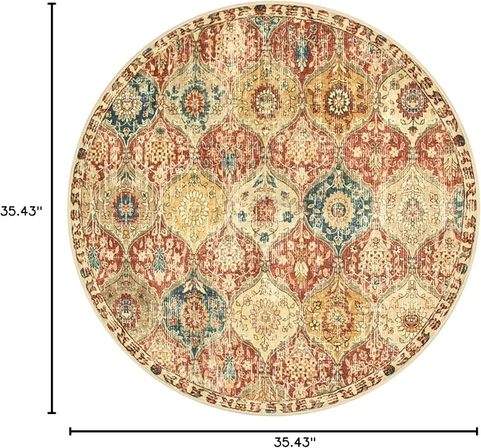 Lahome Moroccan Trellis Round Area Rugs, Washable Small Round Rug 3ft Non-Slip, Soft Vintage Ultra-Thin Circle Carpet for Bedroom Entryway Kitchen Laundry Bathroom, Red/Orange
