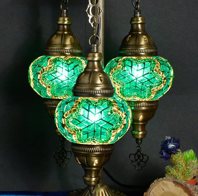 Mozaist Turkish Mosaic Lamp – 3 Globe Tiffany Table Light with Bulb (Turquoise Green)