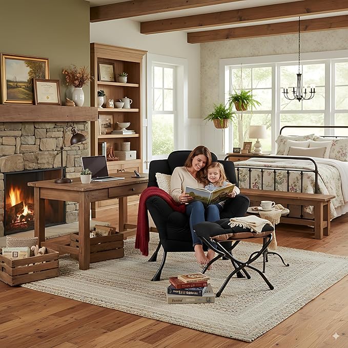 Cozy Lazy Chair and Ottoman, Large Contemporary Accent Lounge Chair Set, Leisure Upholstered Reading Armchair for Bedroom, Living Room, Dorm Rooms, Office