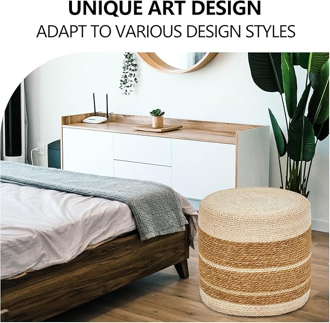 Wimarsbon 18'' Ottoman Pouf, Natural Braided Poof, Rustic Handweave Lounge Pouffe, Boho Footrest Stool for Bedroom, Accent Table or Seat for Living Room