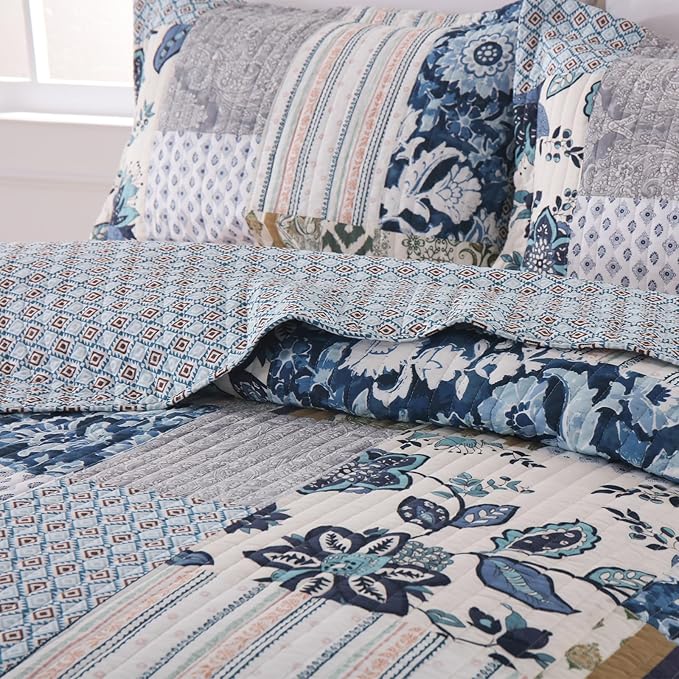 Yvooxny Queen Quilt Set Reversible Quilted Bedspread 3-Piece Lightweight Floral Real Patchwork Coverlet Bedding Set with Pillowcases for All Seasons, 98 * 90 Inches