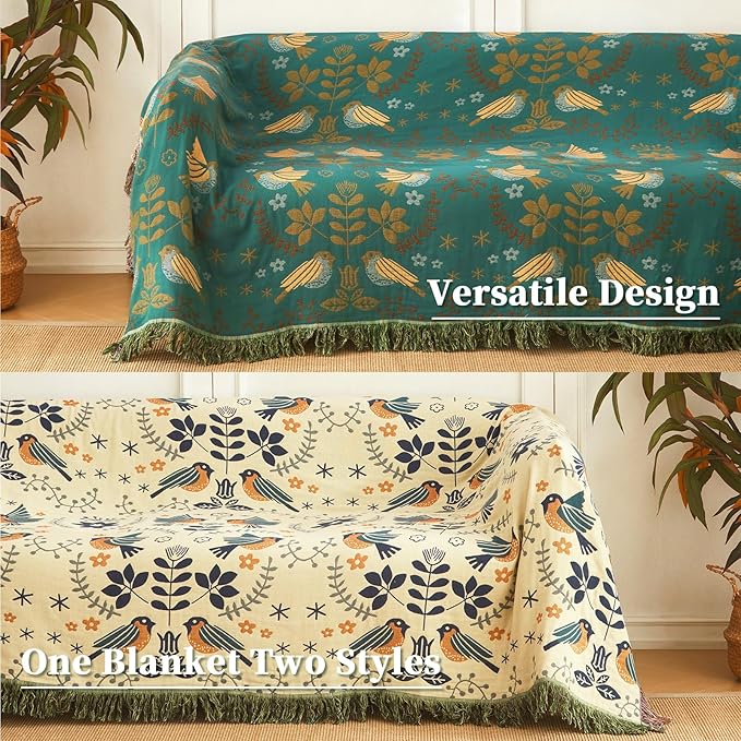Woven Throw Blanket Cotton Cozy and Soft King Size Blanket Two Side Available Large Bed Blankets All Season Blanket for Couch Bedding (90"x98",01-Cute Bird)