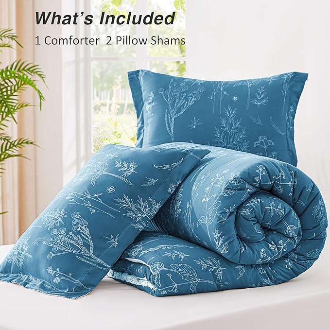 Love's cabin Mineral Blue Full Comforter Set - Full Size Comforter Set, 3 Pieces Cute Floral Bedding Sets for All Seasons,1 Soft Reversible Botanical Flowers Comforter and 2 Pillow Shams