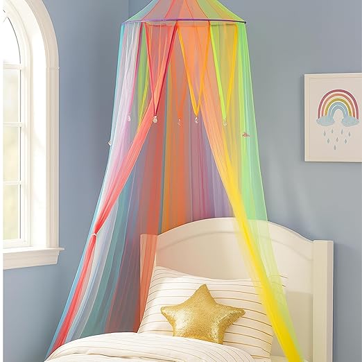 Constructive Playthings - KDK-94 Rainbow Retreat Canopy for Kids, Hanging Multi-Colored Mesh Net for Playroom, Classroom, or Bedroom