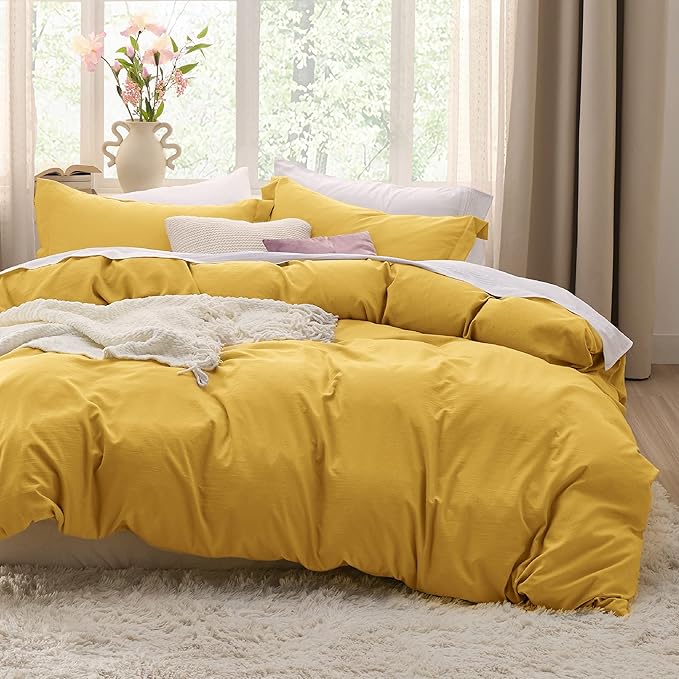 Bedsure Mustard Yellow Duvet Cover King Size - 3 Pieces Prewashed Cotton-Like Extra Soft Bedding Set, Includes 1 Duvet Cover 104x90 Inches with Zipper Closure & 2 Pillow Shams, Comforter Not Included
