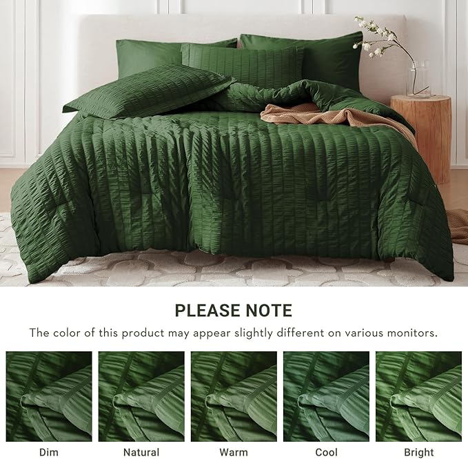 MUXHOMO 7 Pieces California King Comforter Set, Seersucker Bed in a Bag Cal King Size, All Season Luxury Bedding Set with Comforter, Flat Sheet, Fitted Sheet, Pillowcases & Shams, Dark Green