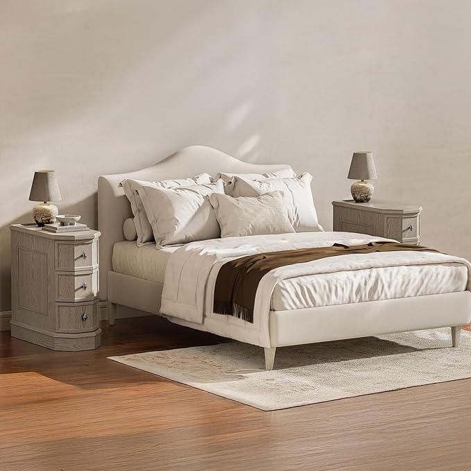 Nightstand with Charging Station, Vintage Wood End Table with 3 Drawer, Victoria Narrow Side Table, Slim Bedside Tables for Bedroom, Pre-Installation, Light Gray