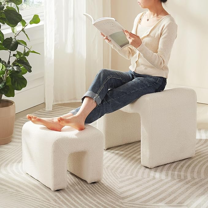 Small Footstool Ottoman Vanity Stool Chair Seating Backless Modern Foot Rest Teddy Velvet Ottoman Set for Makeup Room Living Room Bedroom Entryway,White (2-in-1)