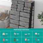 Chest of Drawers for Bedroom, Tall Gray Fabric Dresser with 18 Deep Drawers, Large Clothes Organizer Bin Vertical Storage Cabinet for Closet, Nursery, Office