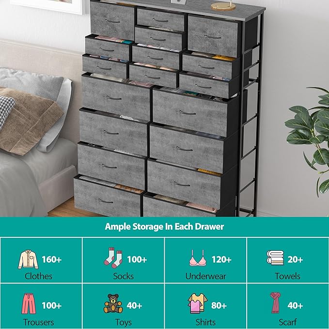 Chest of Drawers for Bedroom, Tall Gray Fabric Dresser with 18 Deep Drawers, Large Clothes Organizer Bin Vertical Storage Cabinet for Closet, Nursery, Office